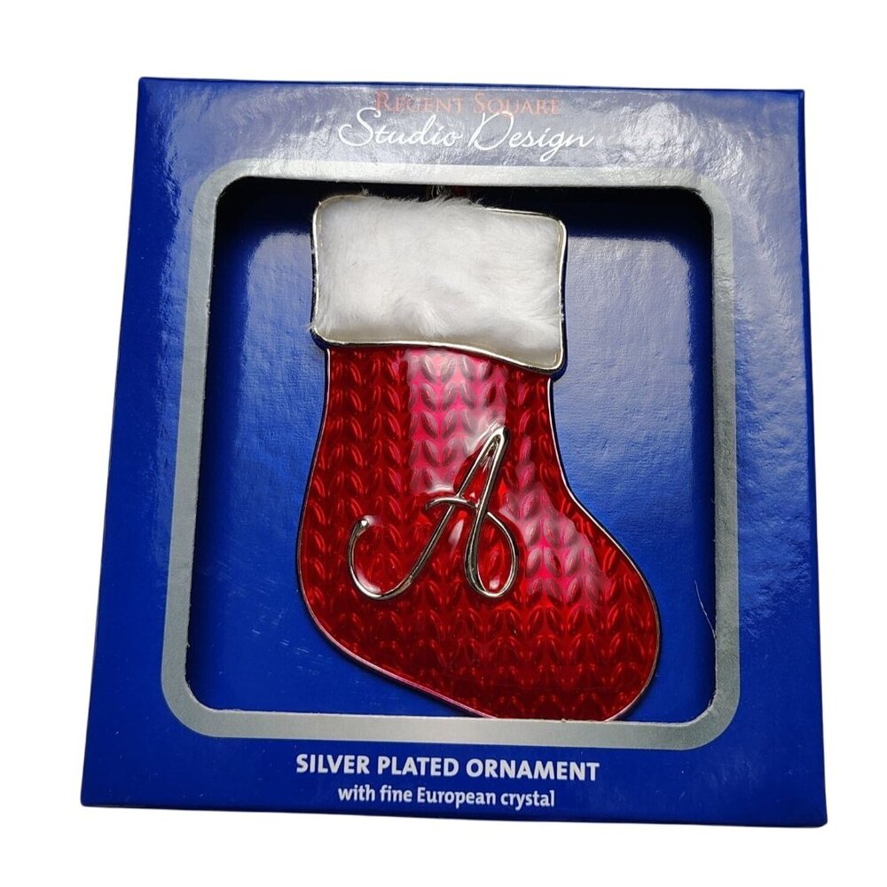 Silver Plated Stocking Ornament With Monogram Initial A Faux Fur Trimmed Accent